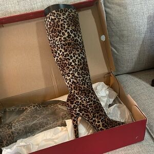 Ladies Monaco Animal Leopard Print Knee High Stiletto Boots, Size 7.5M - NIB